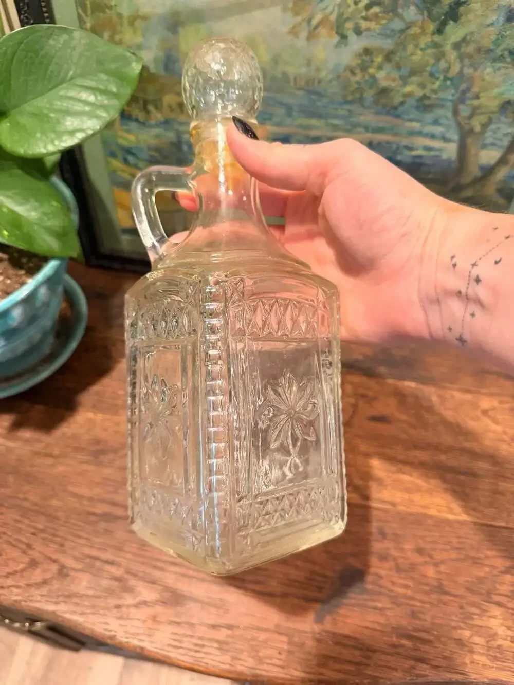 Vintage Pressed Glass Decanter Bottle with Handle and Stopper Grace Pattern